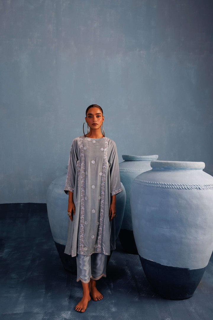 Baby Blue Velvet A-line Kurta Set