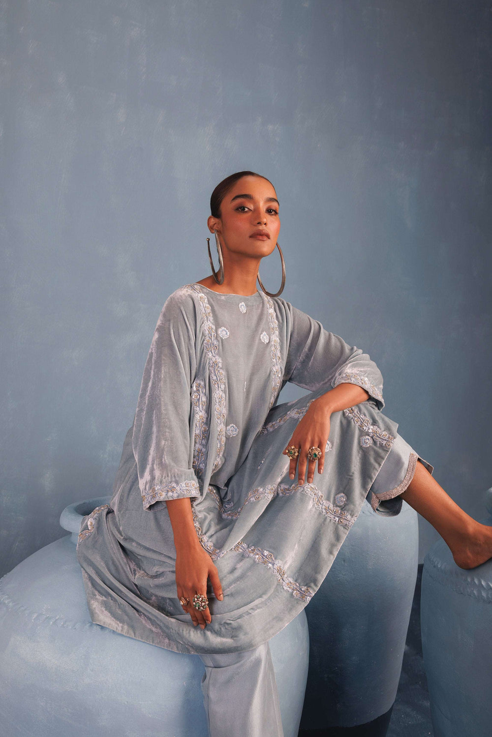 Baby Blue Velvet A-line Kurta Set