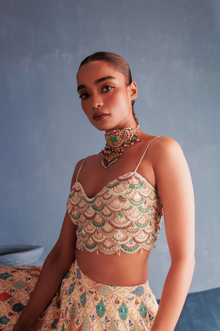 Multi-colour scalloped stitched saree blouse — Warra ready to wear saree blouse India