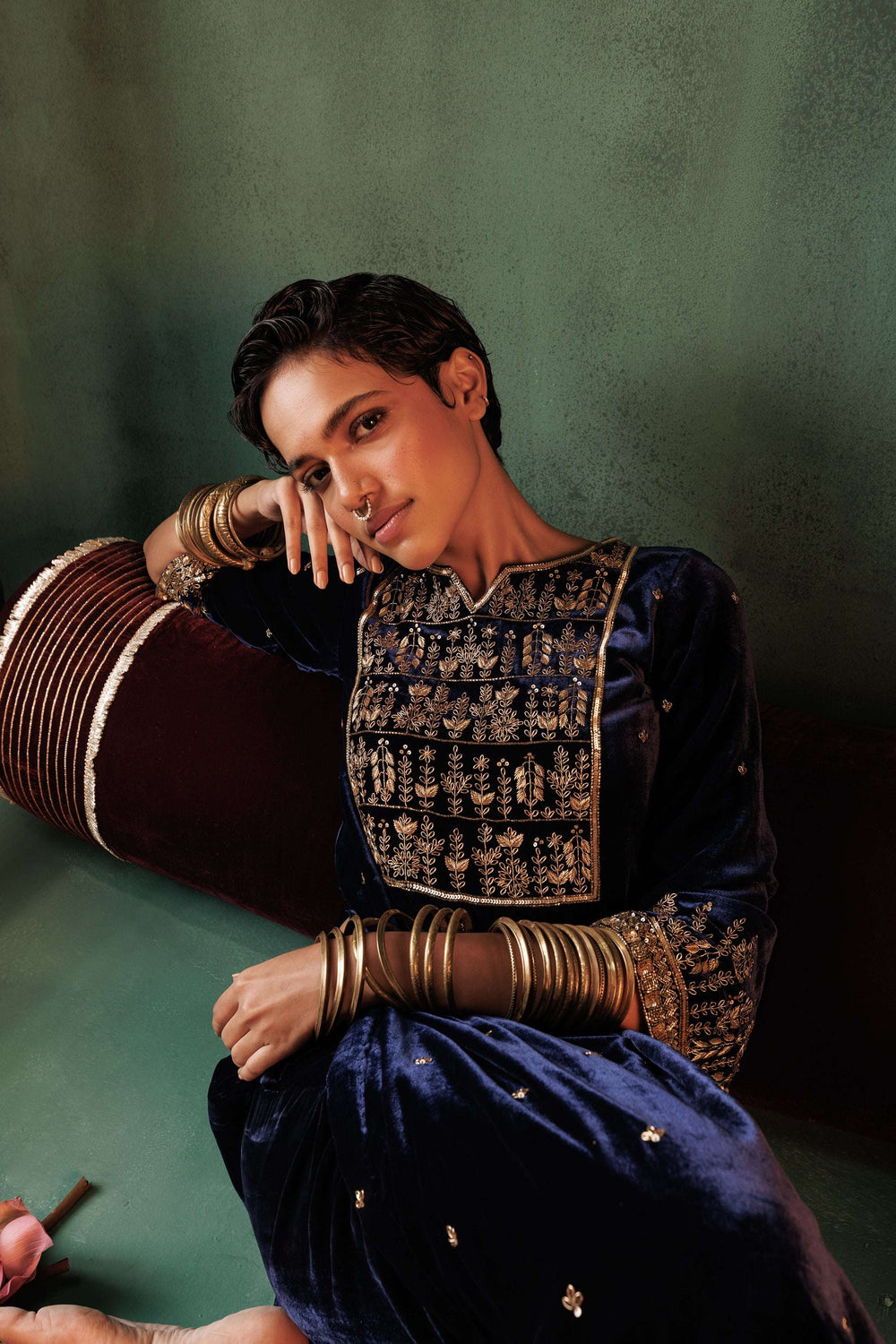 Sapphire Blue Velvet Embroidered Kurta Set