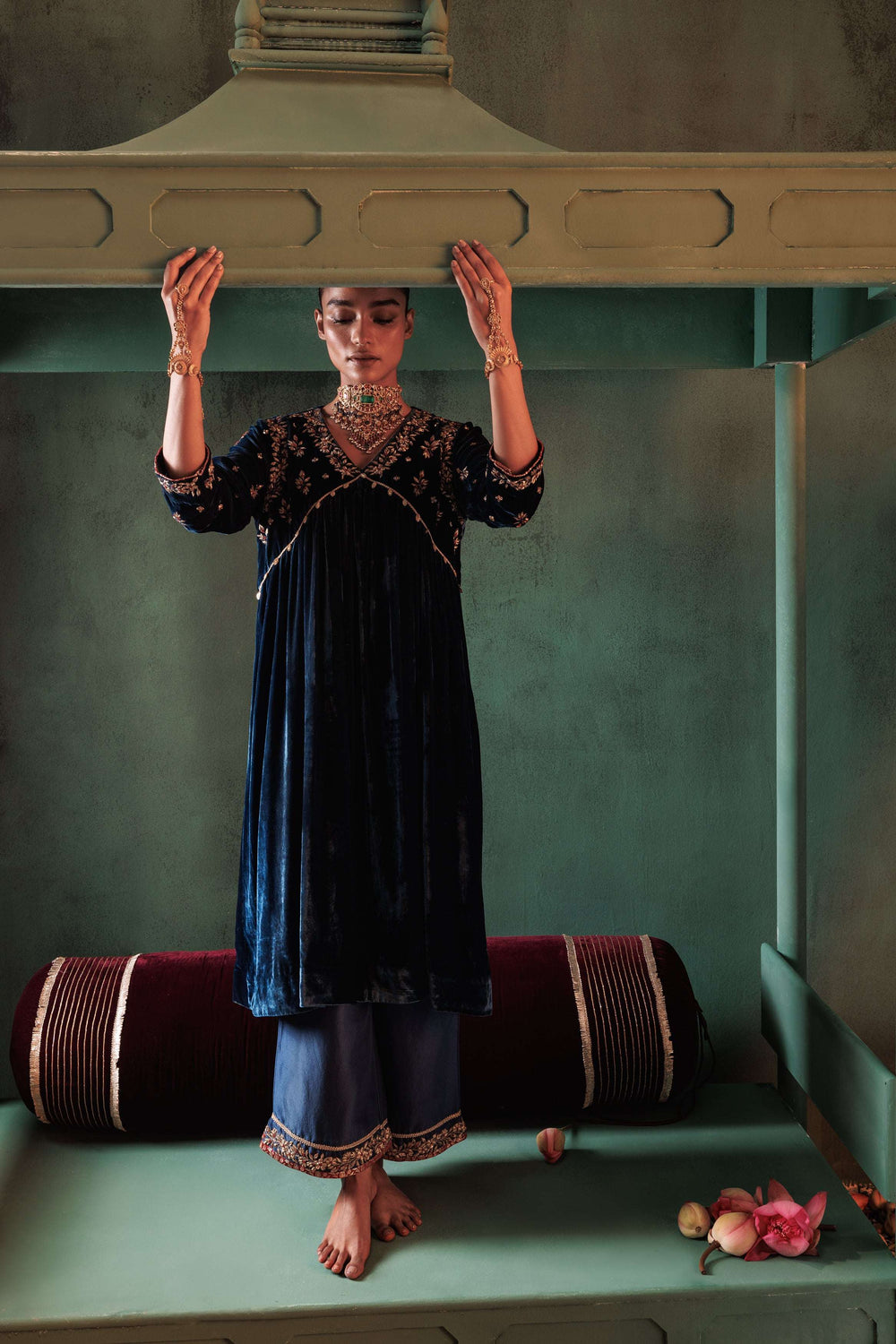 Teal Blue Velvet Kurta Set