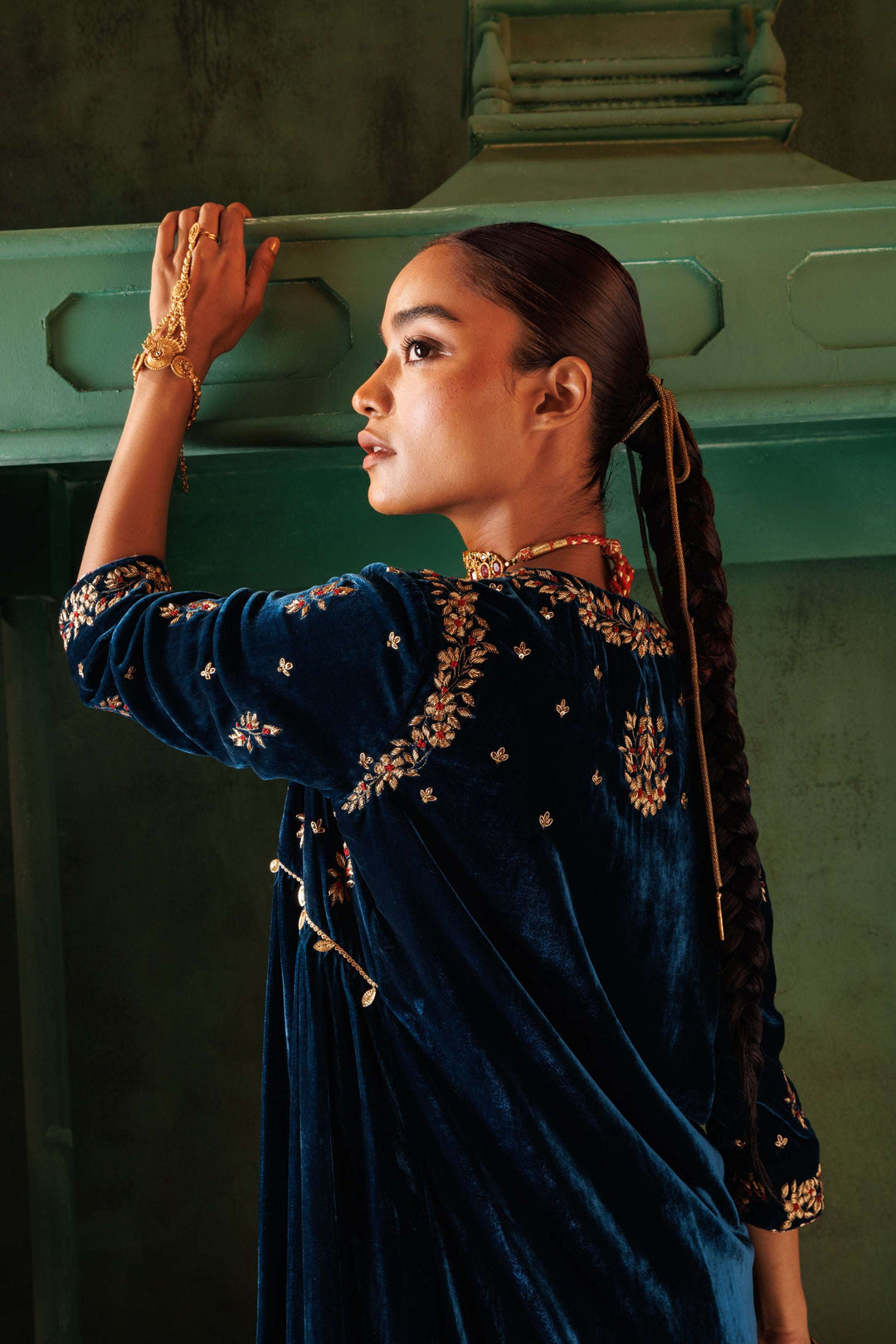 Teal Blue Velvet Kurta Set