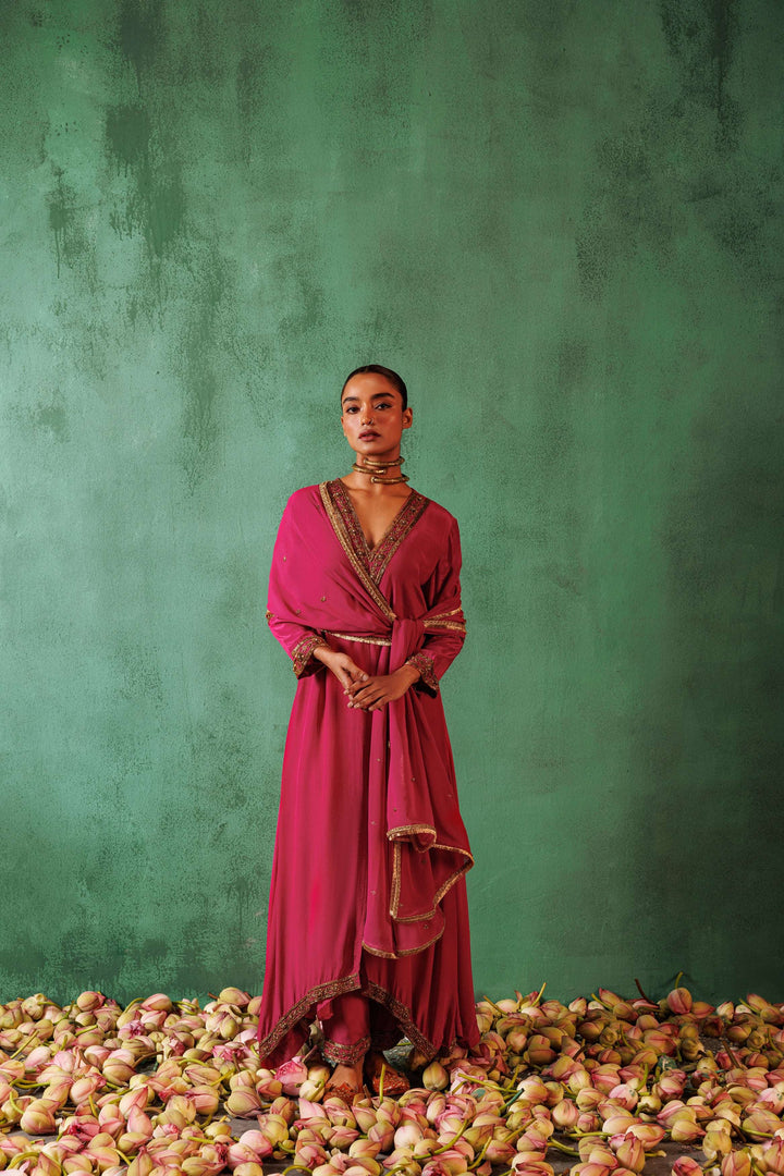 ASYMETRICAL RUBY PINK KURTA SET