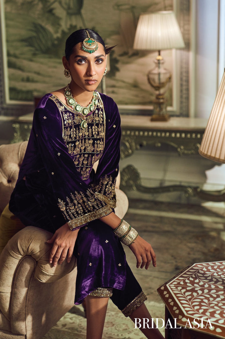 Royal Purple Velvet Embroidered Kurta Set