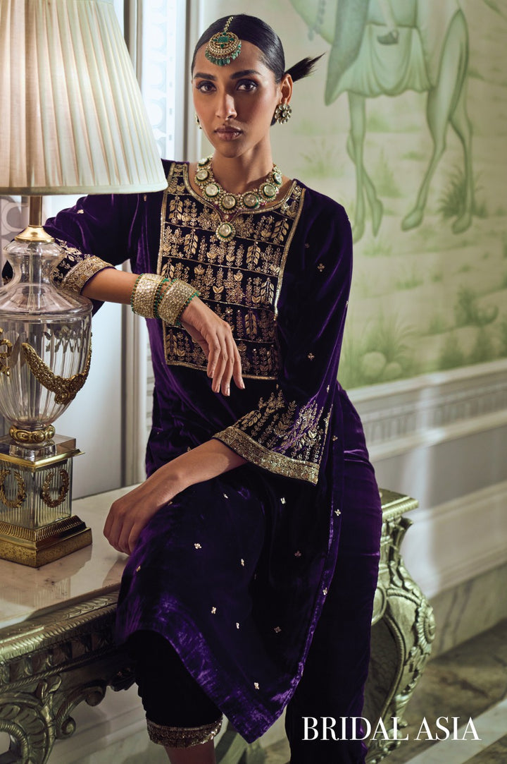 Royal Purple Velvet Embroidered Kurta Set