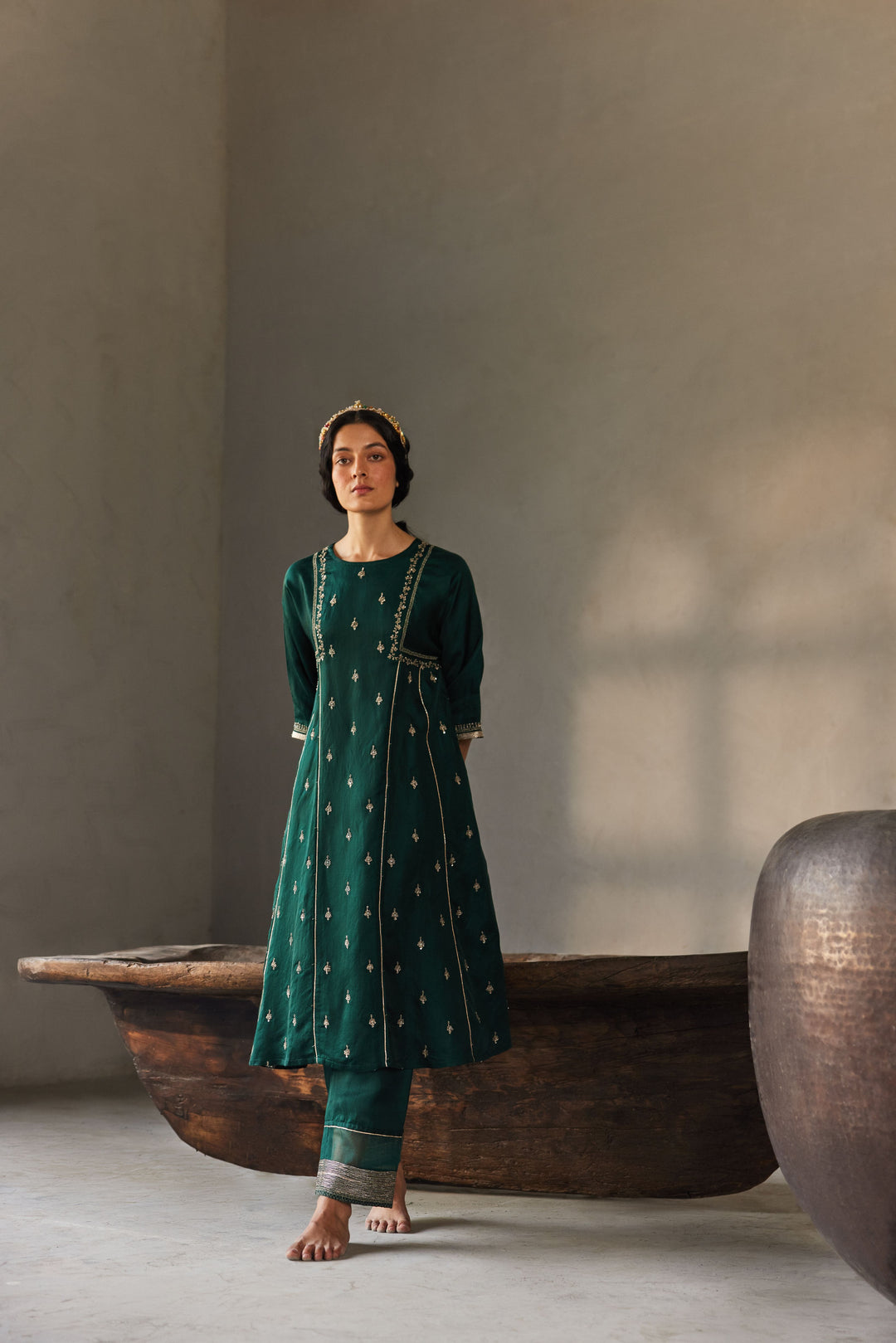 A-line kurta set in dark green with embroidery for festive wear in india