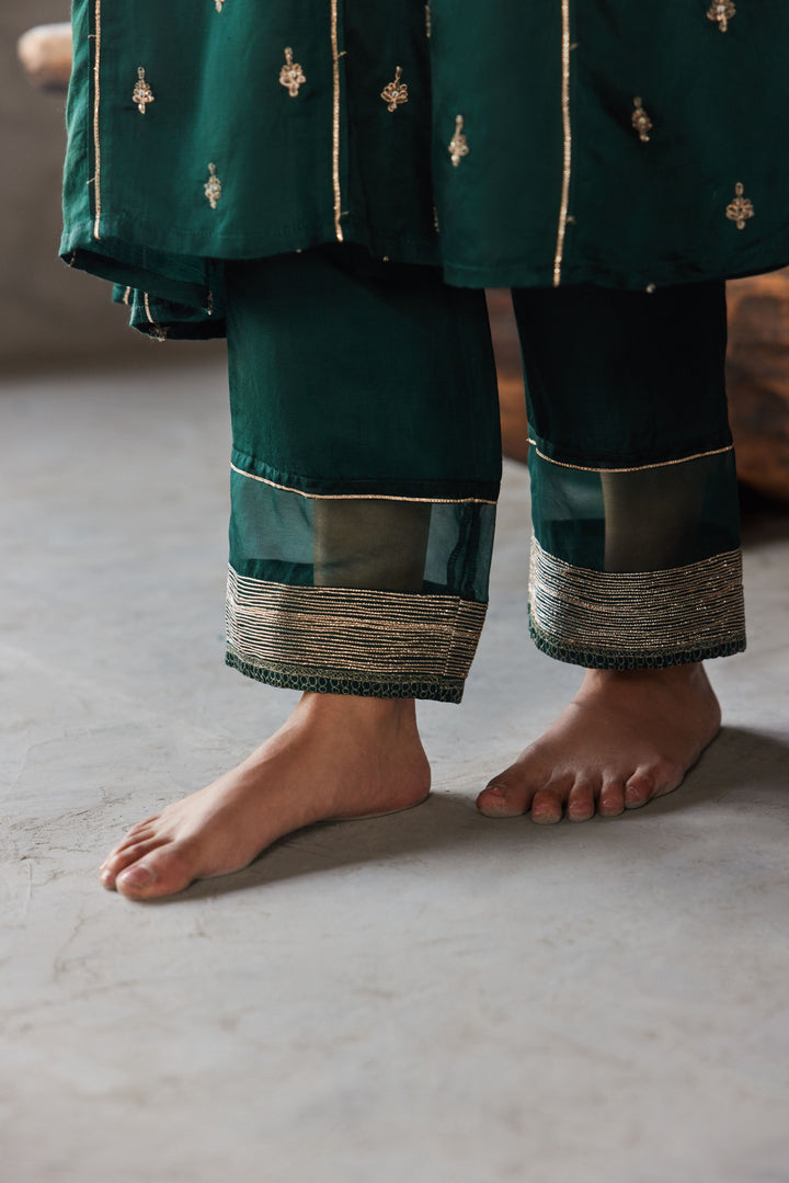 A-line kurta set in dark green with embroidery for festive wear in india - warra