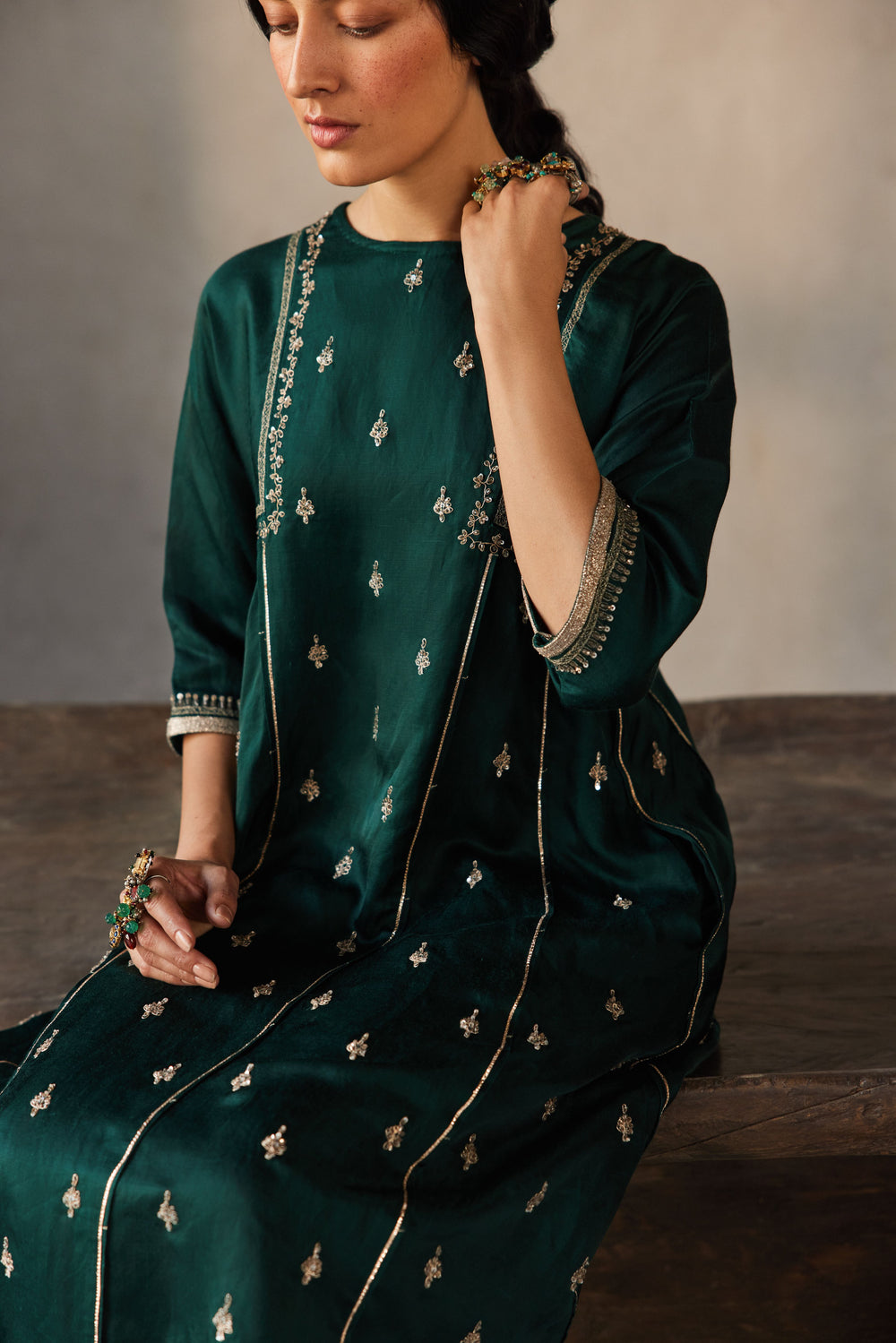 A-line kurta set in green with embroidery for festive wear india - silk and organza - cropped