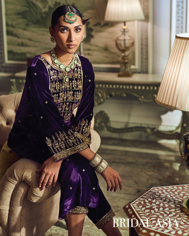 Royal purple velvet embroidered kurta set — Warra