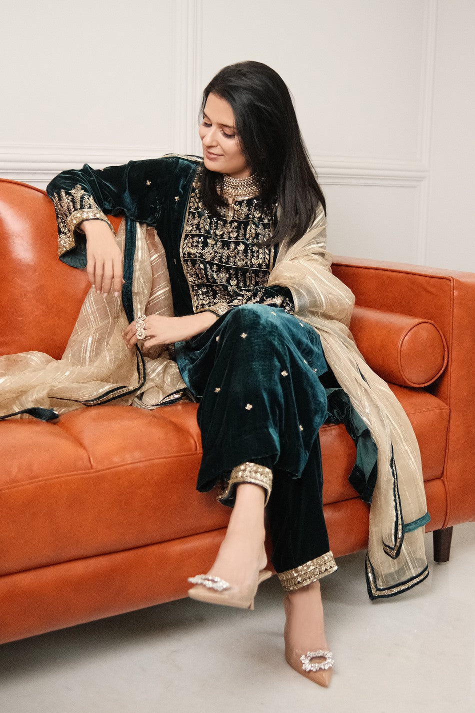 Velvet Kurta set in Emerald Green worn by Divya Kapoor Gurwara for festive wear in India