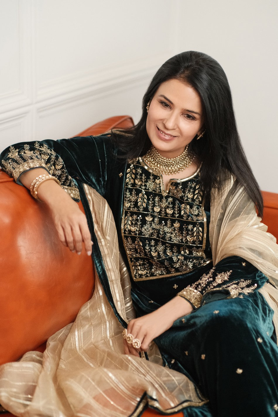 Velvet Kurta set in Emerald Green worn by Divya Kapoor Gurwara for festive wear in India - Cropped Details